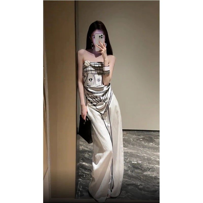 【美神降临】夏季新款小众设计感名媛气质缎面丝巾抹胸配高腰休闲裤