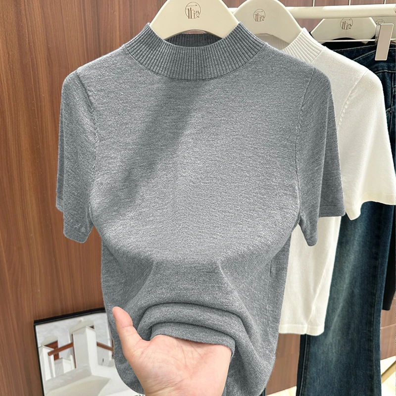 百搭灰色高领针织衫女春秋新款气质减龄内搭可外穿短袖打底衫上衣