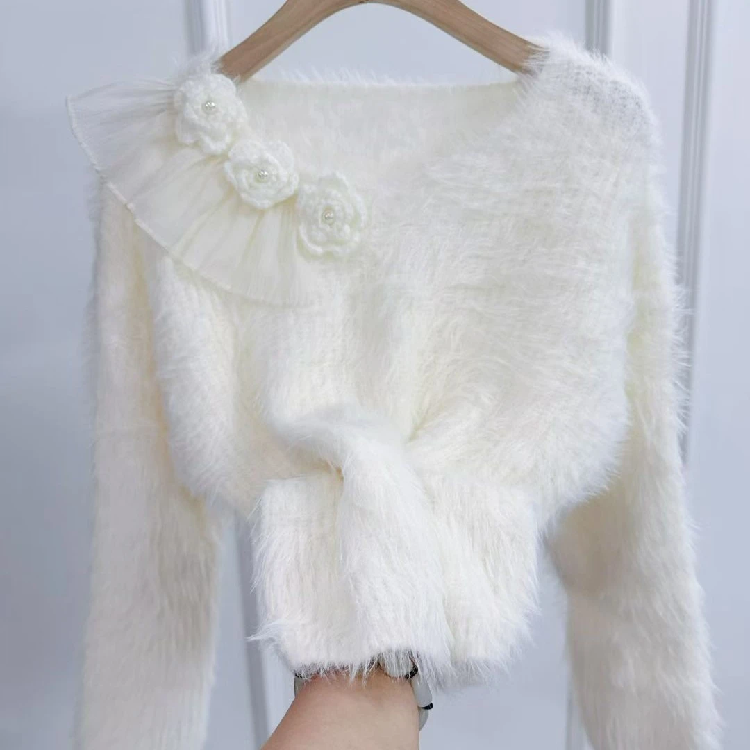 仿水貂绒针织衫上衣女秋冬新款甜美可爱设计感亮丝软糯毛衣打底衫