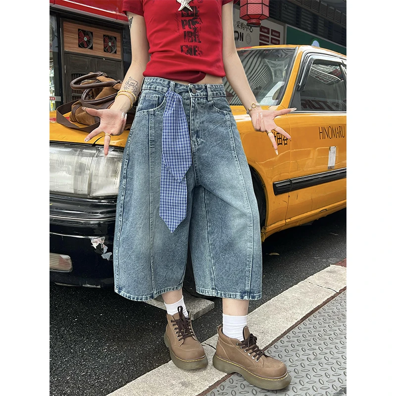 克林菲美式复古丝巾牛仔蓝七分裤女夏季薄款高街宽松直筒阔腿中裤