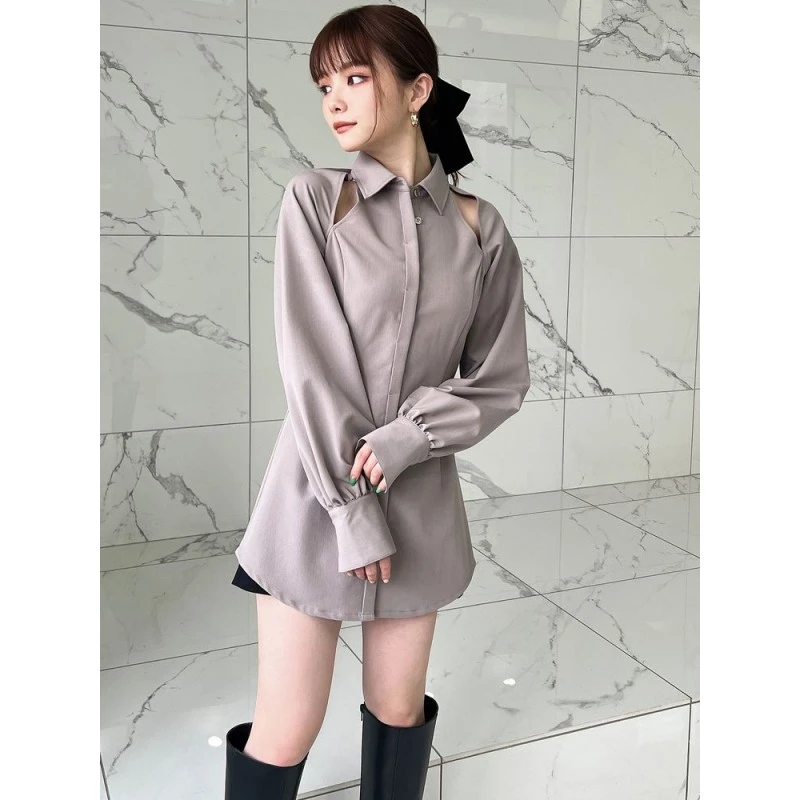 【DD外贸】  秋冬上新 R 设计感休闲百搭露肩修身衬衫