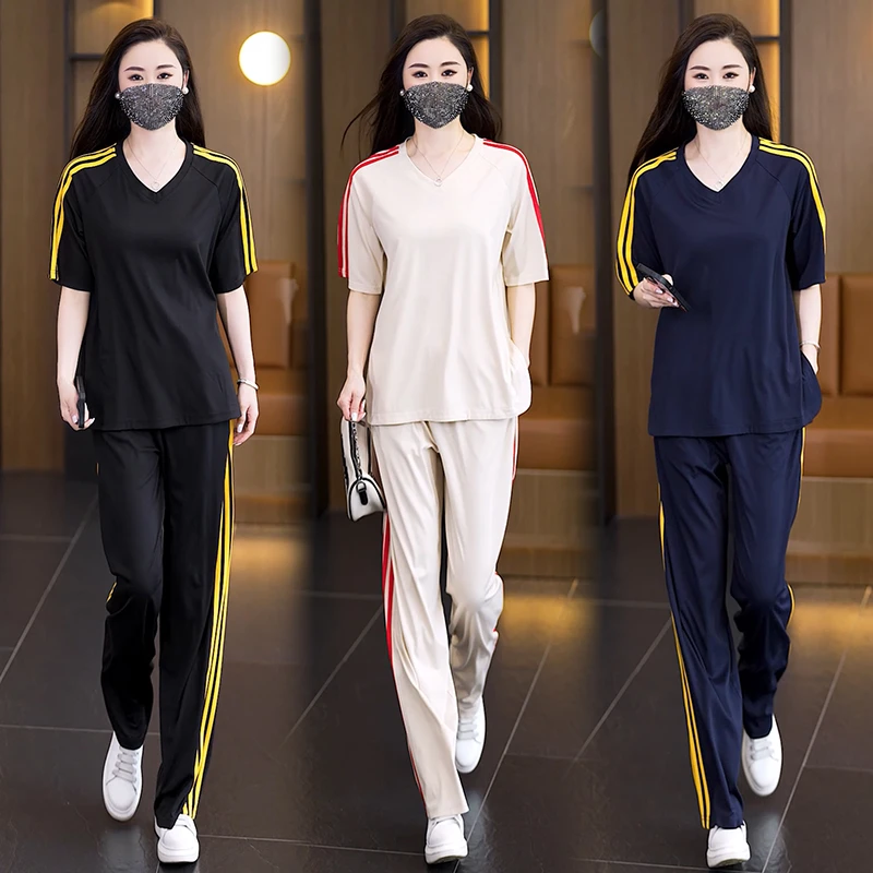 时尚宽松休闲套装女2025年夏季新款短袖大码运动服洋气显瘦两件套