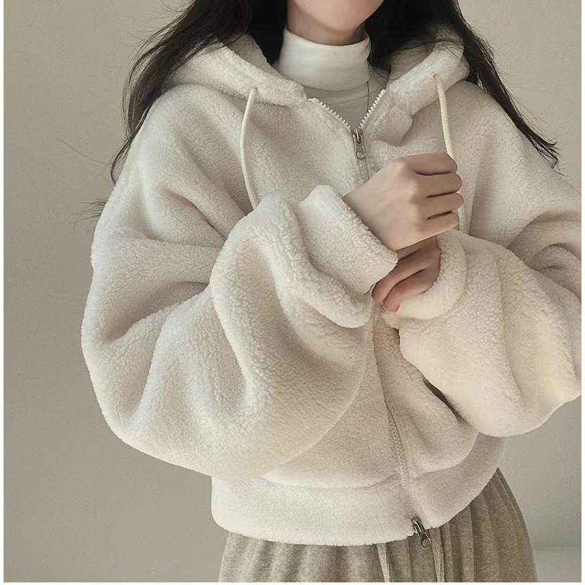 韩国ins 秋冬保暖休闲运动宽松羊羔毛外套百搭连帽学生加绒加厚