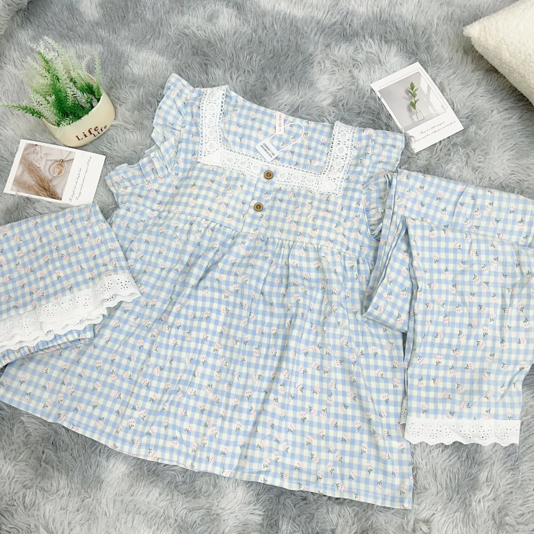 【R700】夏款蓝格碎花小飞袖短裤+长裤三件套+胸垫套装