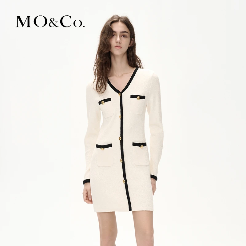 【达人专属】MOCO冬小香风圈圈纱肌理V领收腰针织连衣裙MBC4DRS007
