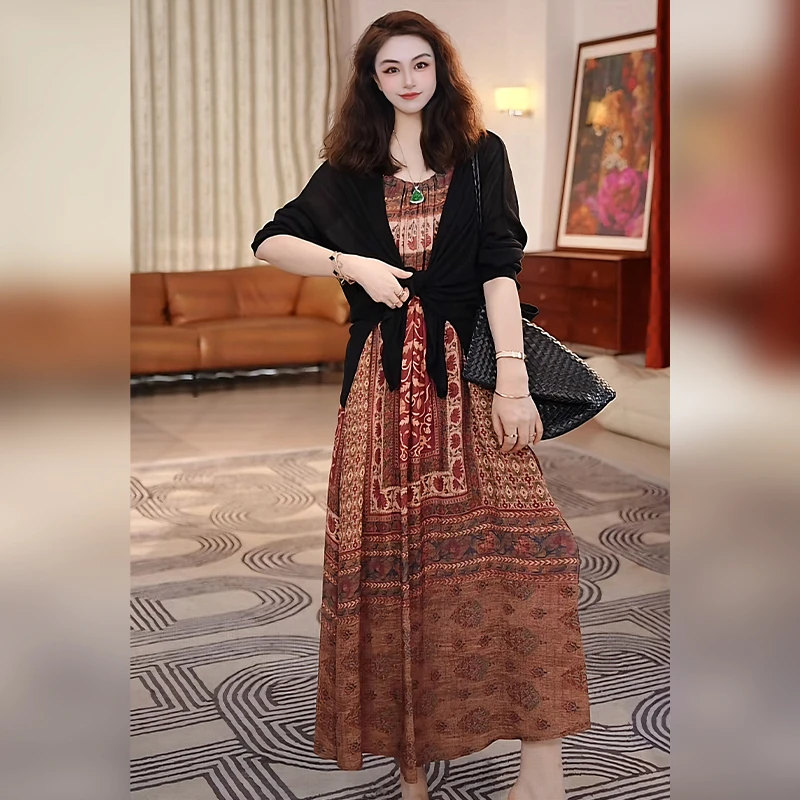 【Linda姐高端线】新款高档复古贵气印花吊带裙连衣裙AA5LDD0482