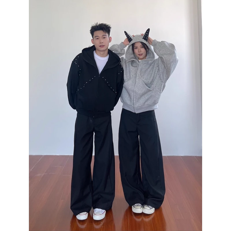 美式高街杜宾犬耳朵开衫卫衣男春秋潮牌小众铆钉拼接连帽情侣外套