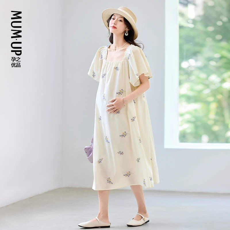 孕之优品夏季连衣裙方领孕期法式裙子孕妈高级穿搭孕妇装C4213