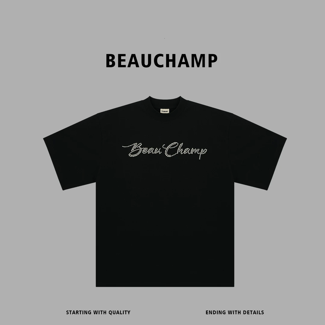 Beau champ品牌 夏季纯棉休闲宽松时尚钉珠经典圆领短袖 6350#