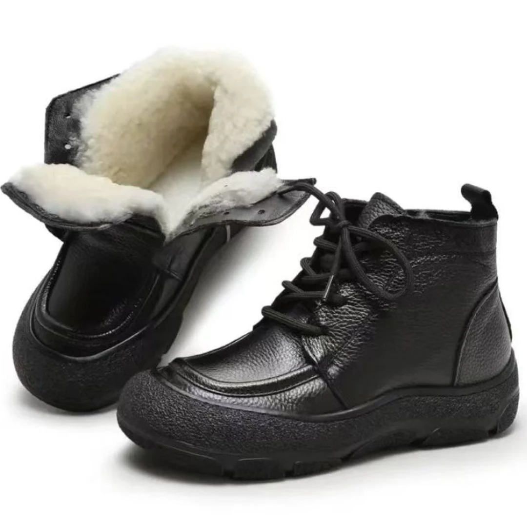 真皮加绒保暖短靴女冬季软底舒适防滑中老年妈妈休闲棉靴