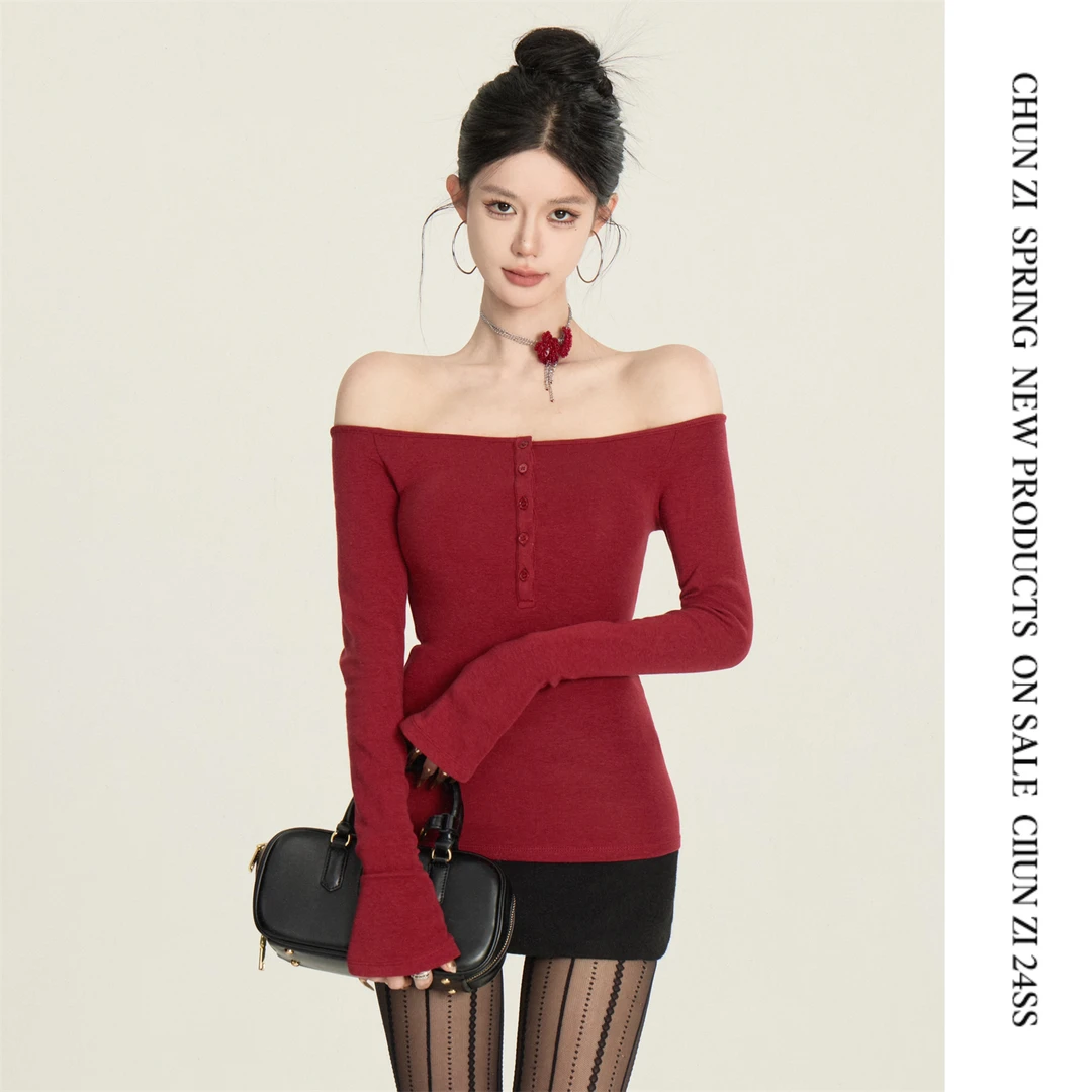 【CHUN ZI】长袖一字肩T恤女冬2024新款设计感打底衫喇叭袖上衣