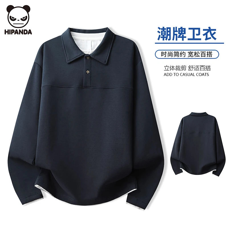 Hi Panda日系拼接卫衣男装POLO领秋季休闲宽松简约长袖打底衫