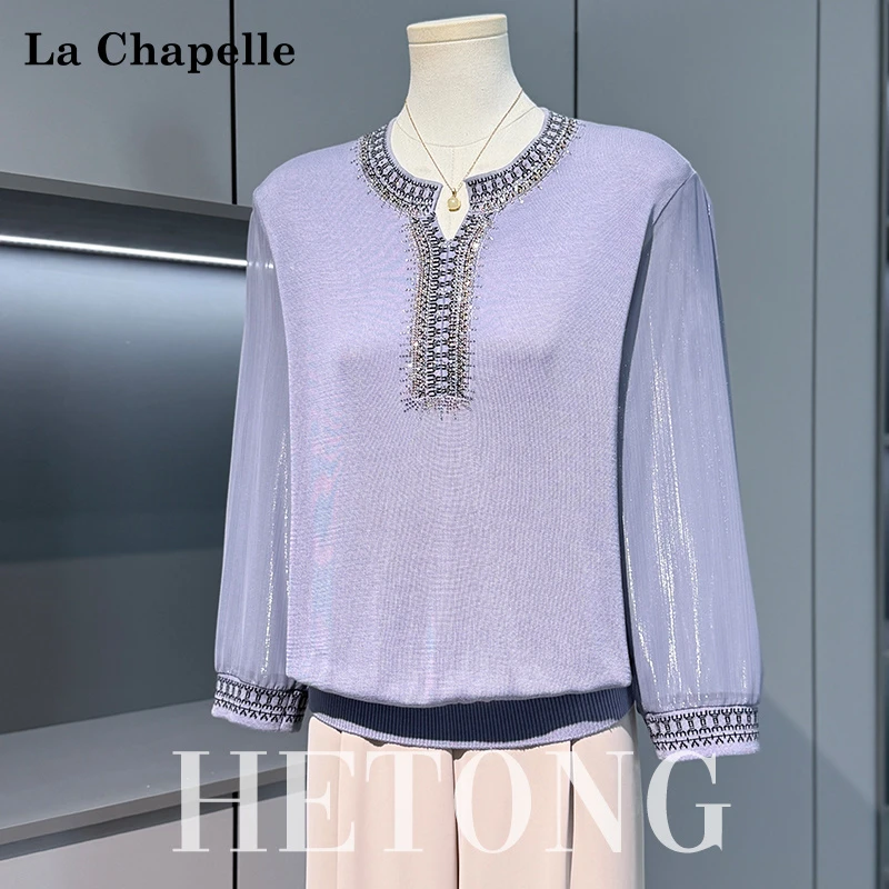 拉夏贝尔妈妈秋装纱袖T恤小衫中老年女秋季洋气薄款针织衫上衣服