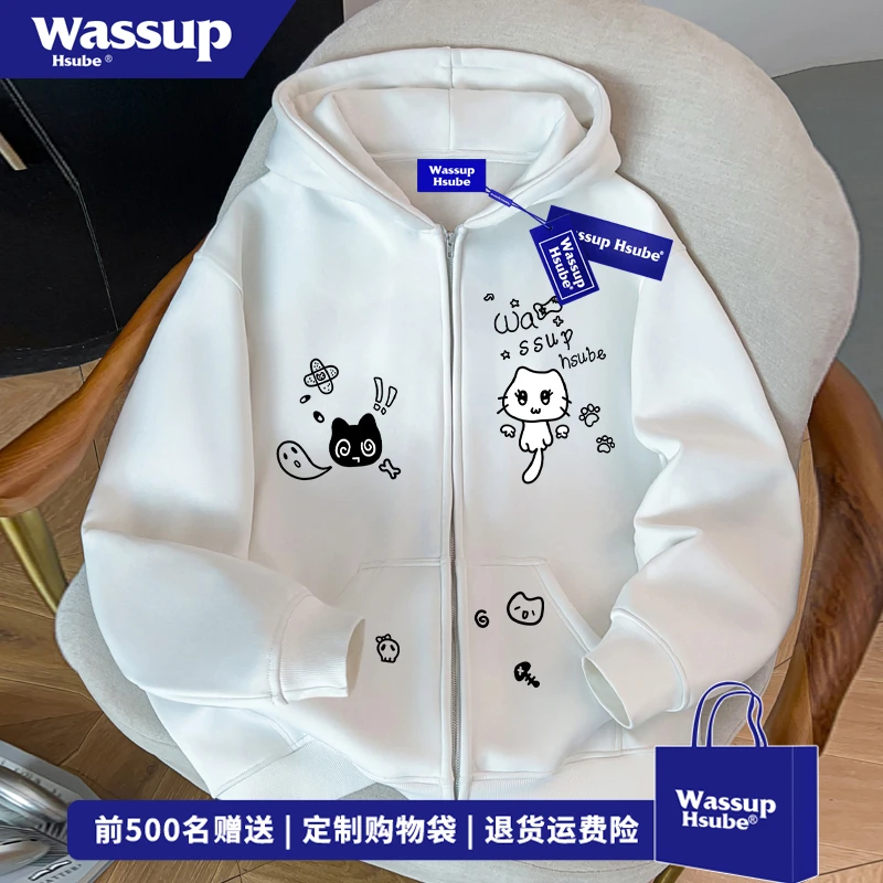WASSUP HSUBE秋冬猫咪印花开衫连帽卫衣男女潮牌ins高街拉链外套