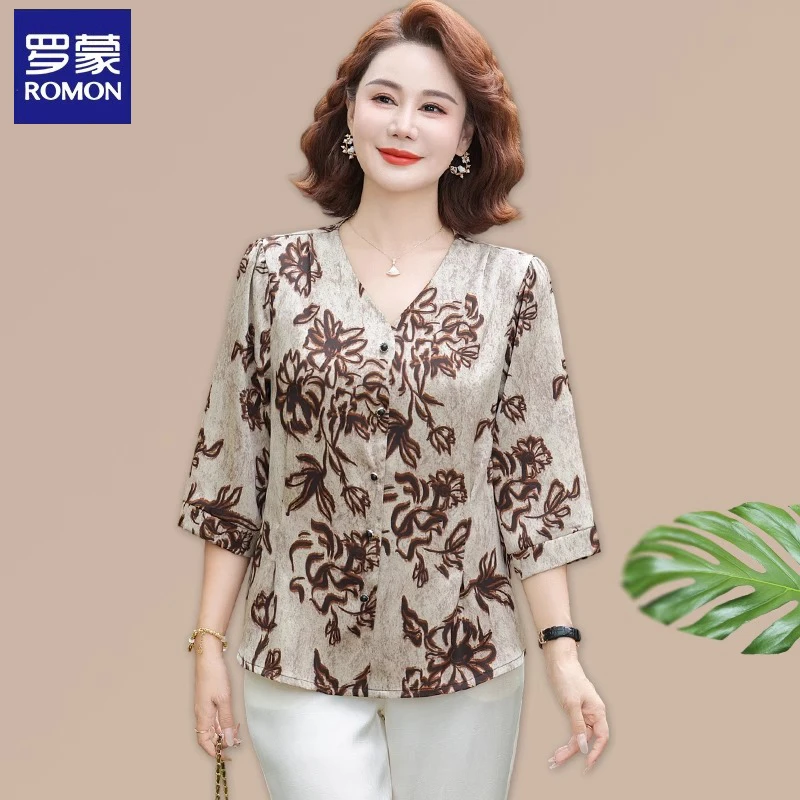罗蒙中老年妈妈衬衫国风中年妇女夏装套装贵夫人品牌上衣2025新款