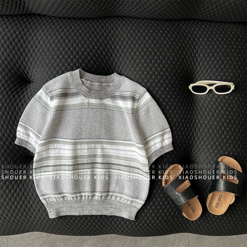 【小首尔】Q4现货-夏男女童韩百搭条纹针织宽松短袖T恤上衣HBB7664