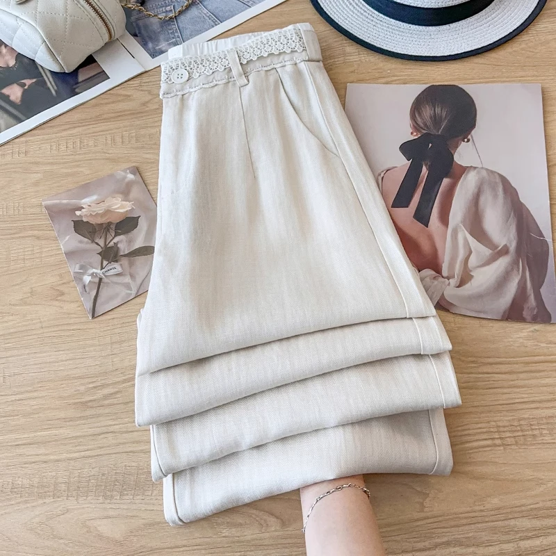 拉夏贝尔2025夏季新款垂感裤女宽松直筒裤小个子蕾丝边设计阔腿裤