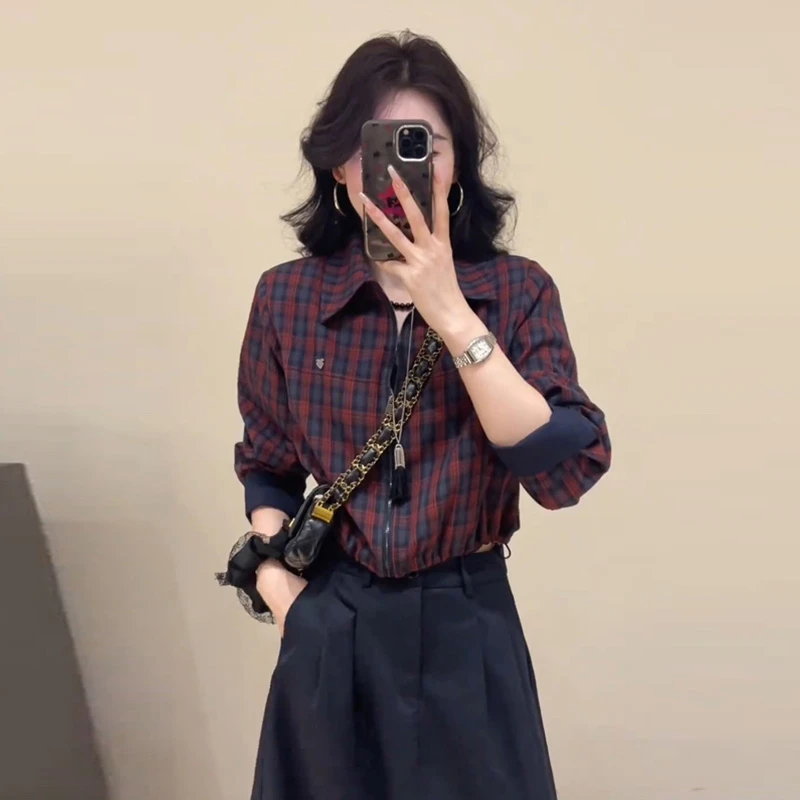 韩版洋气红色撞色格子衬衫女2025秋季新款翻领下摆抽绳设计感上衣