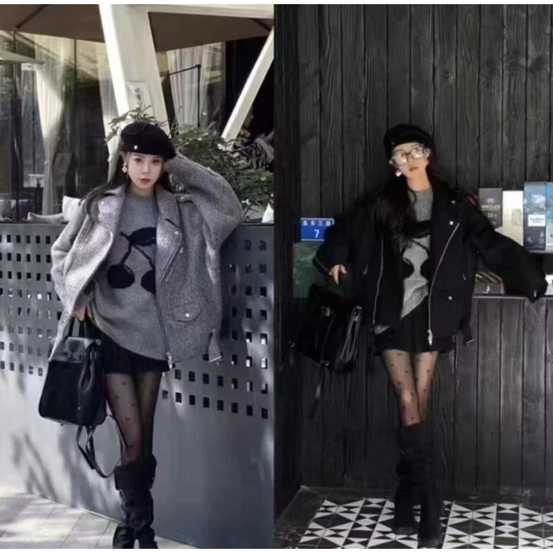 WT91依美丁时尚气质潮流宽松毛呢机车外套