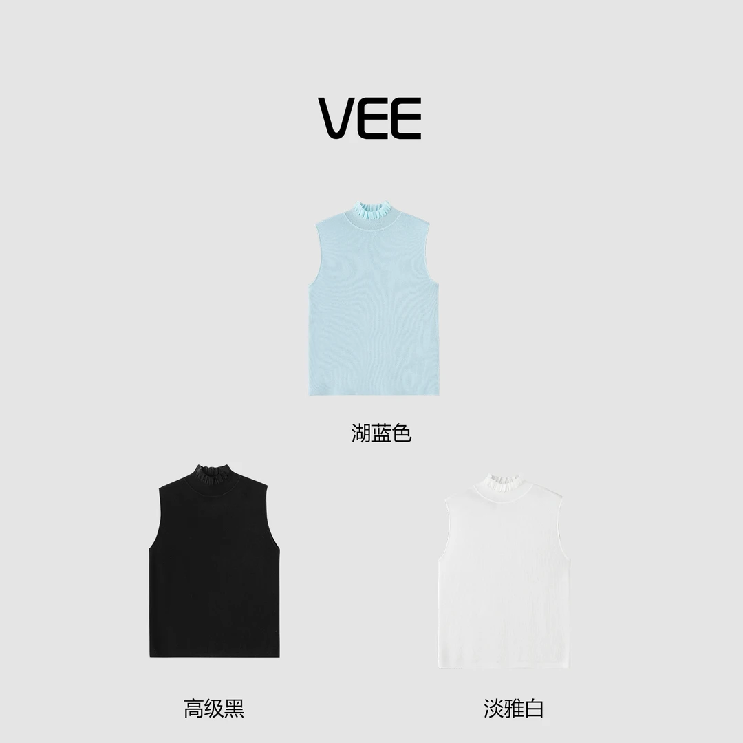 VEE【叠穿神搭】百搭半高领欧根纱针织无袖背心