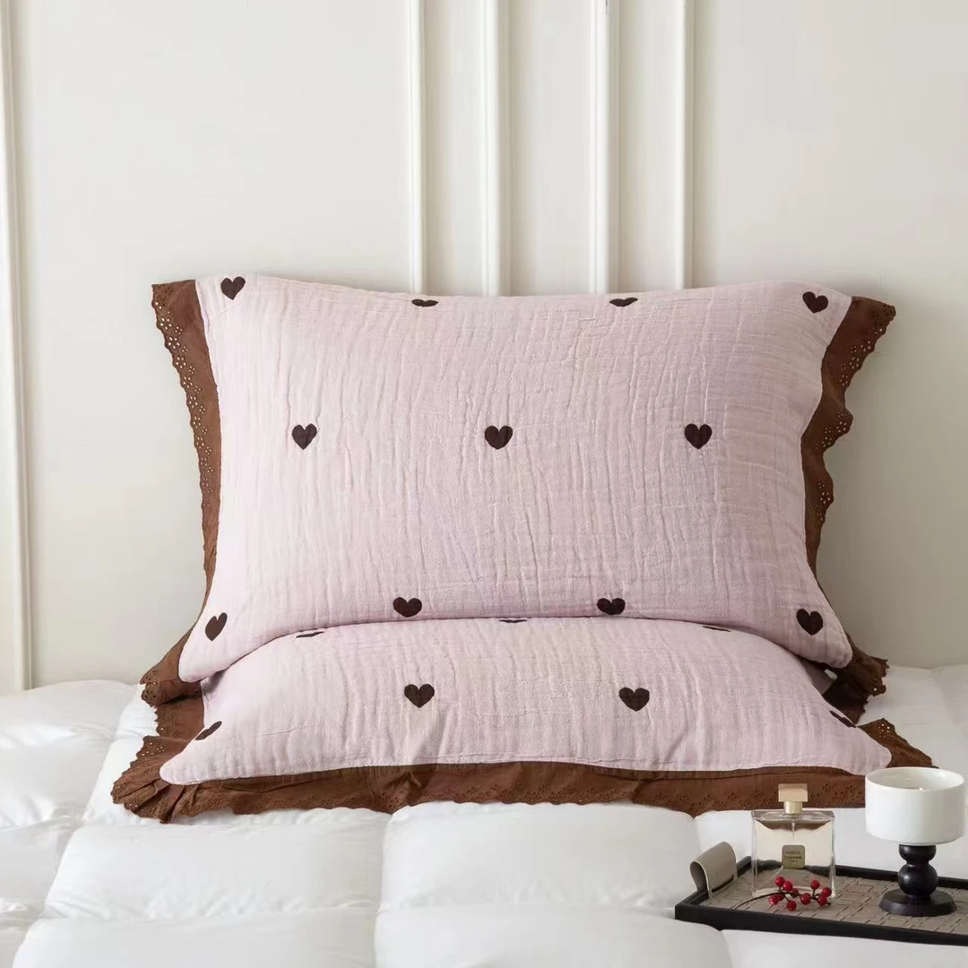 韩式荷叶花边通用纱布枕巾绣花成人柔软透气一对装