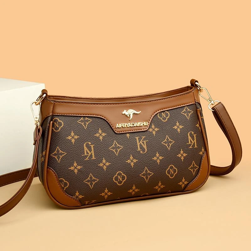 袋鼠真皮女包2025新款洋气时尚中年妈妈包印花牛皮女士单肩斜挎包