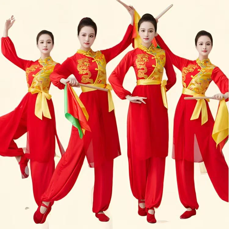 12号红色广场舞服装中国风腰鼓舞秧歌舞龙纹飘逸舞台演出服