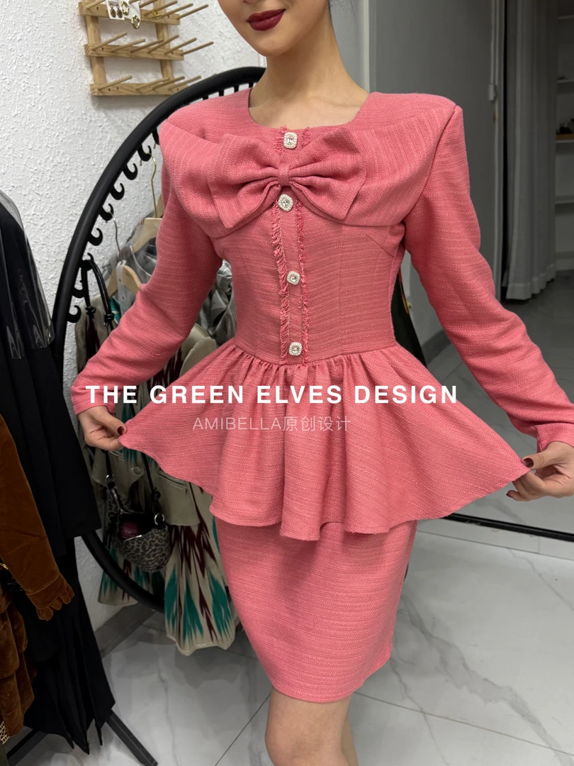 高端私人定制芭比粉假两件连衣裙