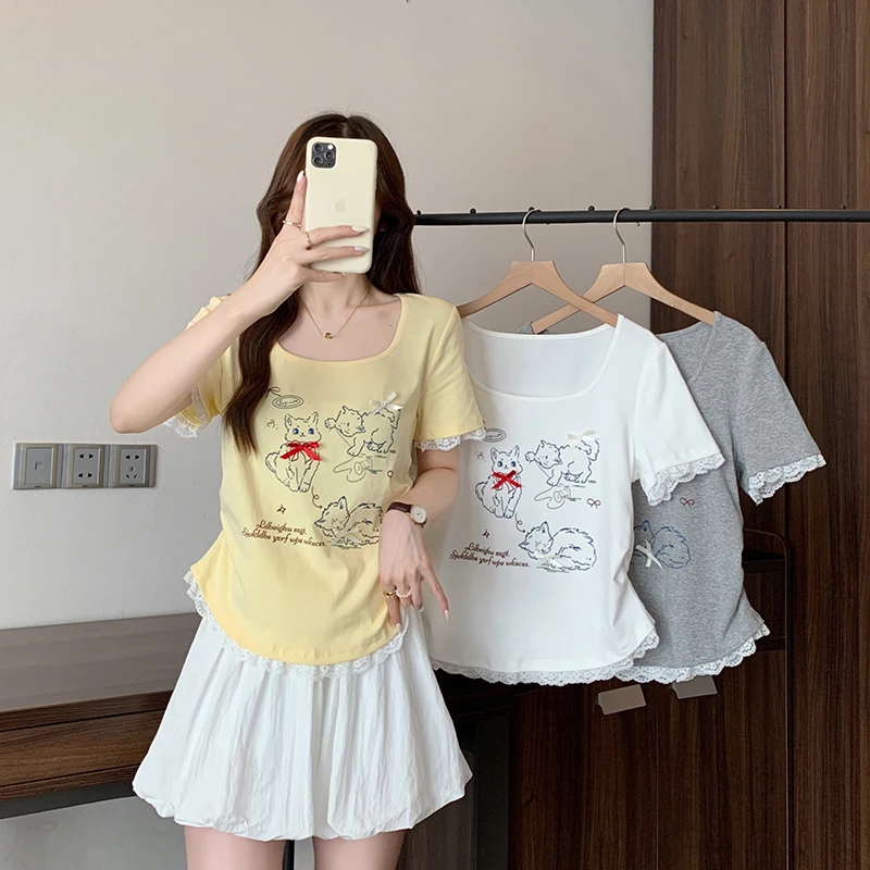 2025夏新款大码胖mm女甜美拼接百搭显瘦遮肉蕾丝花边卡通短袖T恤