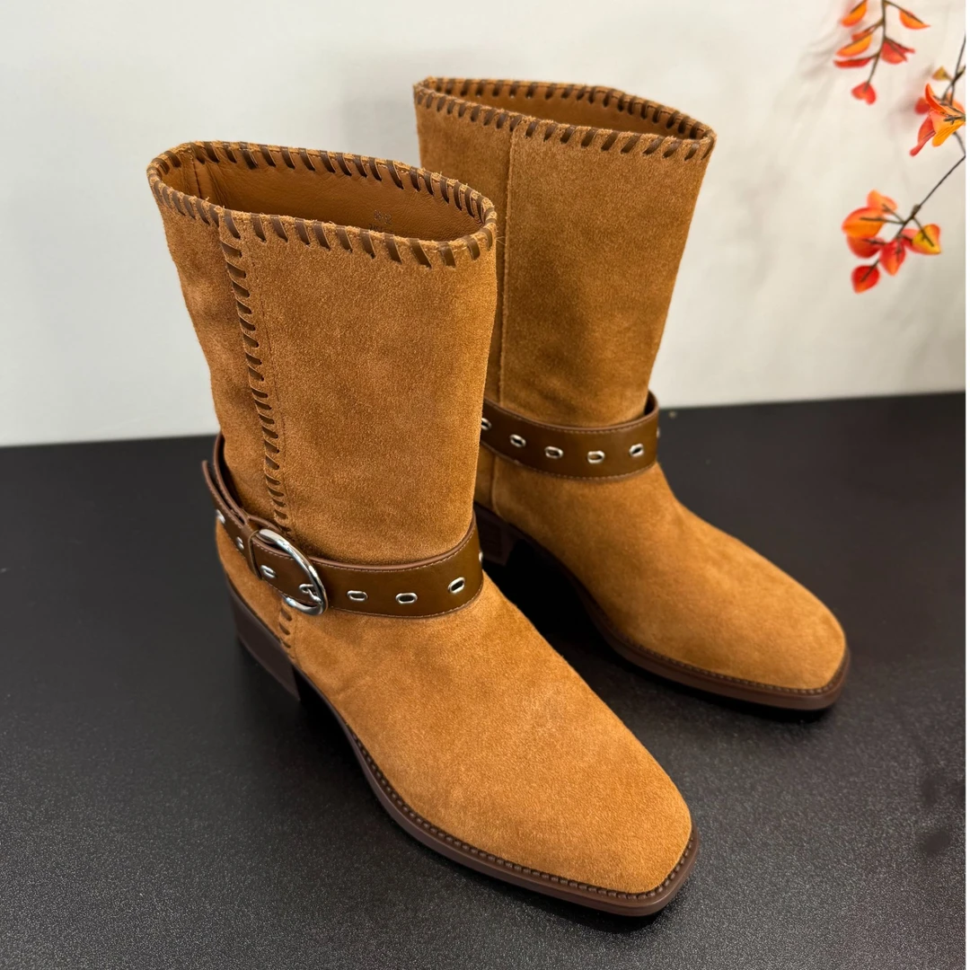 西部牛仔靴复古粗跟骑士靴编织皮带扣真皮女士靴子时尚气质百搭