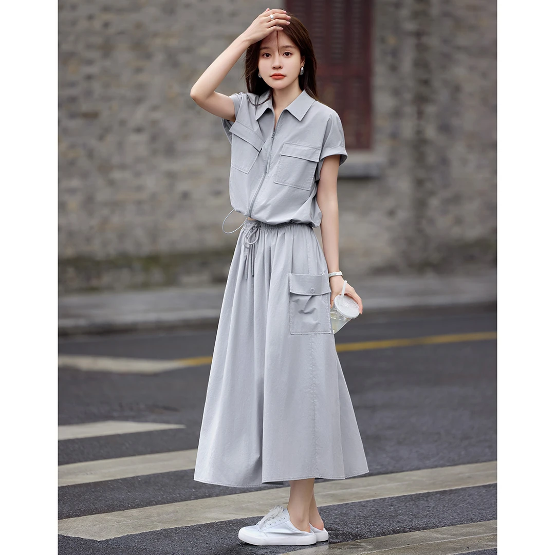 沫晗依美【富士山下】25夏款休闲气质设计感工装衬衫半裙套装5290