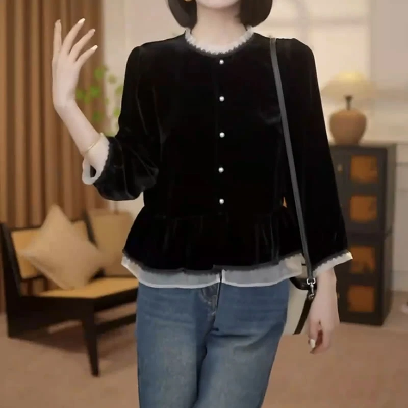 【有运费险】新中式荷叶边收腰上衣女装2025秋季新款显瘦丝绒衬衫