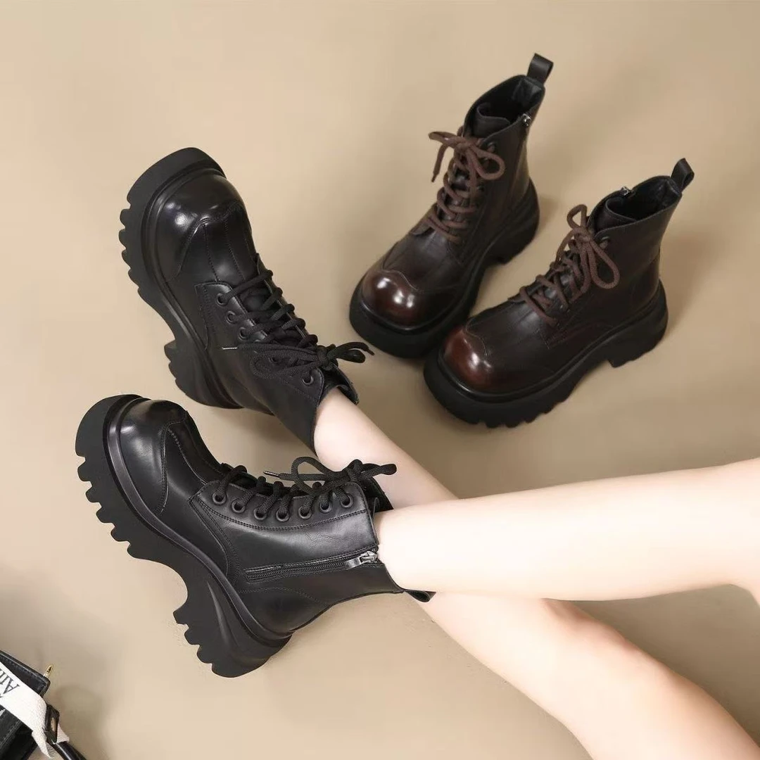 女秋冬休闲风ins马丁靴厚底皮靴单靴春秋圆头