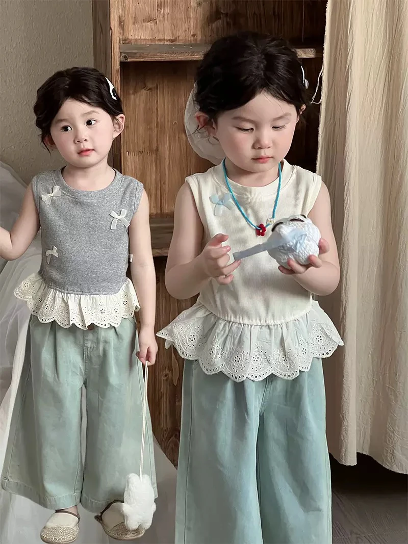 2025夏季新品女宝宝韩版花边无袖上衣儿童甜美蝴蝶结蕾丝公主背心