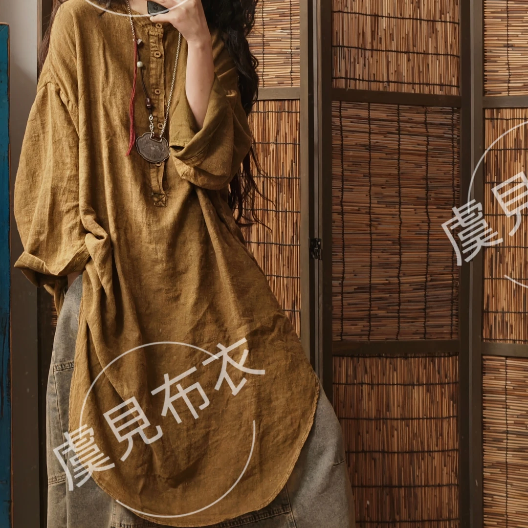 虞姑娘 春季炒色做旧棉麻宽松中长款大版衬衣(衣长95胸围150)