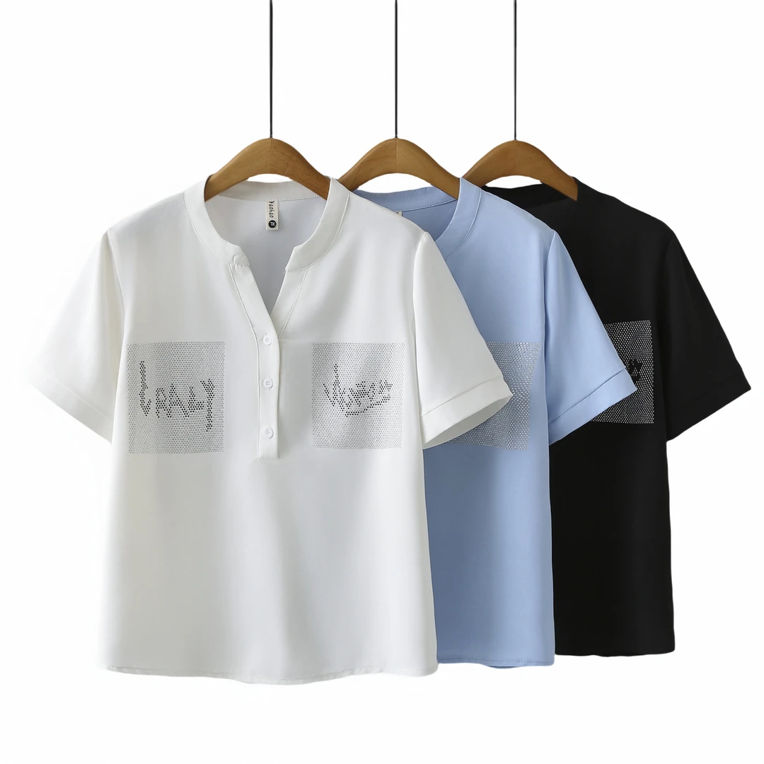 卡洛町大码女装120-200斤夏季新款时尚百搭显瘦亮钻T恤853