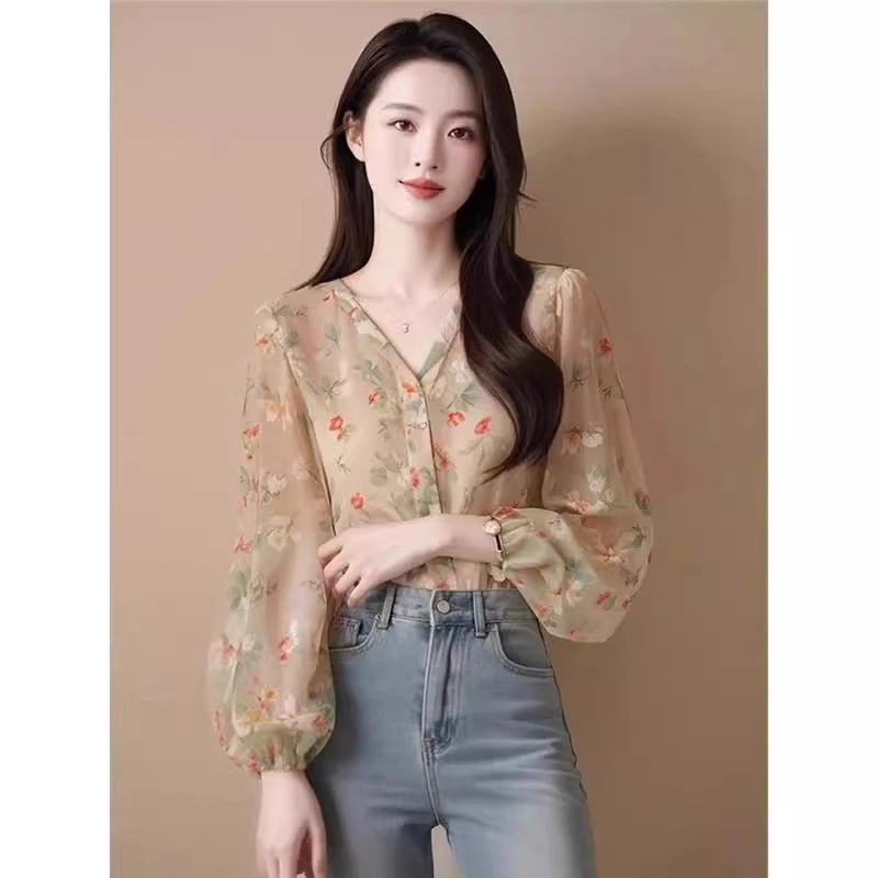 HS7240今年新款春夏法式绝美高级感衬衣上衣浪漫碎花印花长袖衬衫