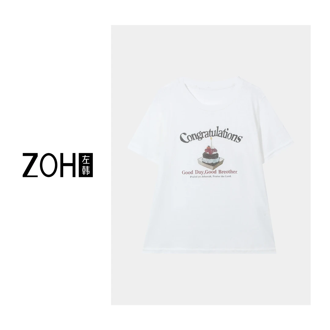 ZH105【左韩】美式复古蛋糕印花短袖T恤 甜美可爱洋气上衣TH520151C