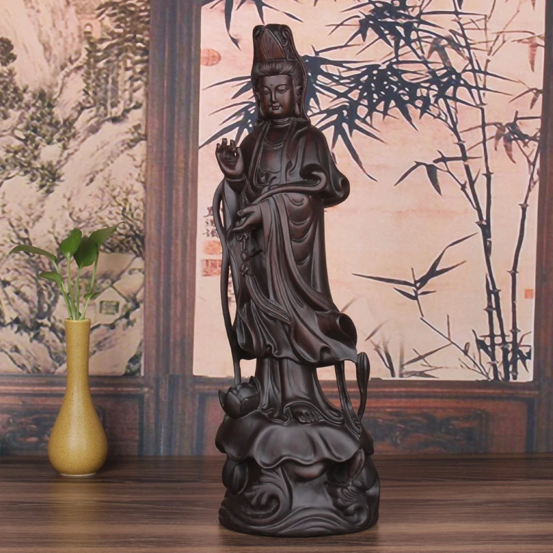 厂家直供黑檀木雕观音菩萨像摆件木质工艺品如意荷叶观音佛像摆件