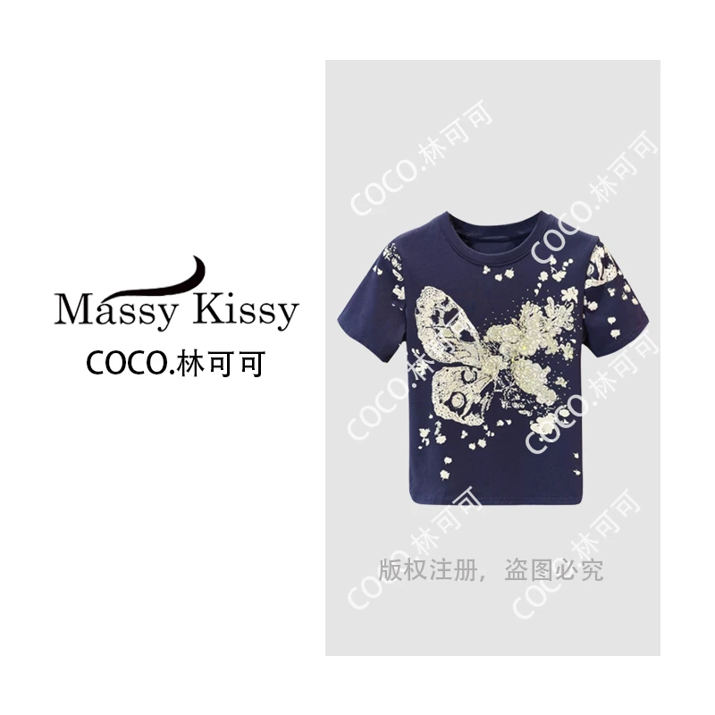 【COCO林可可】韩版重工蝴蝶印花短袖T恤时尚气质宽松休闲上衣0922