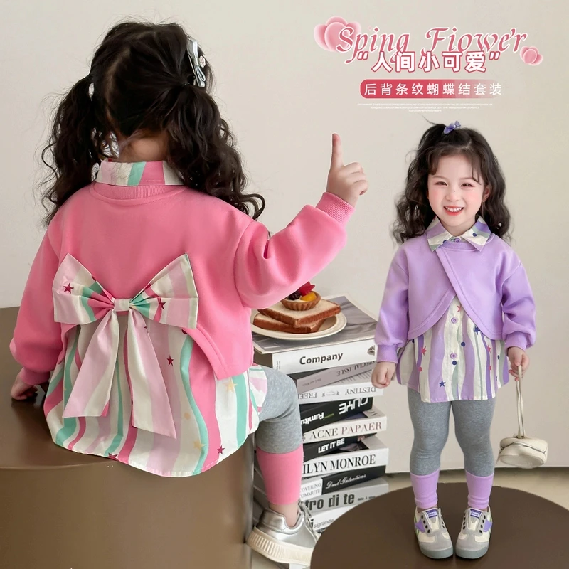 女宝宝春款假两件卫衣套装2025新款洋气女宝宝休闲打底裤两件套潮