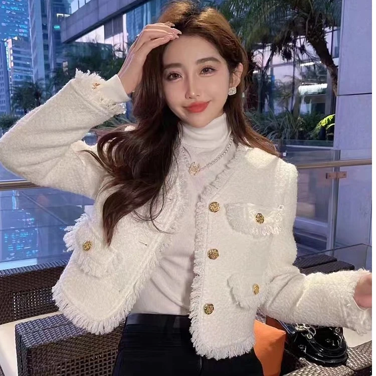 6030#春秋新款轻奢高级感粗花呢上衣法式白色小香风短款外套女