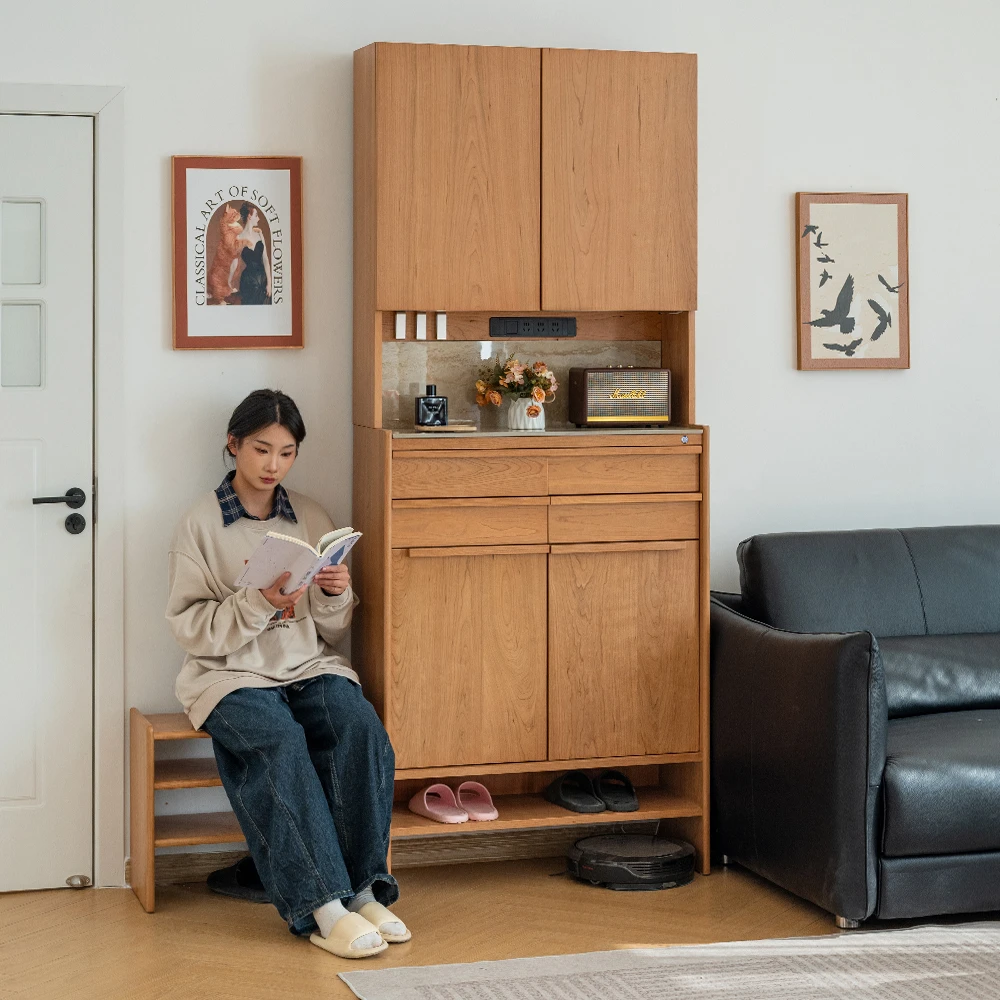 殿下家具北欧樱桃木实木鞋柜玄关柜一体家具超薄洞石岩板入户柜子