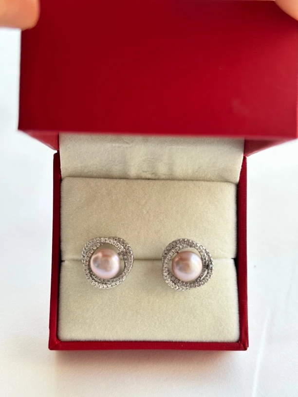 天然淡水珍珠8-9mm三生三世炫彩无核紫色耳钉R962百搭气质