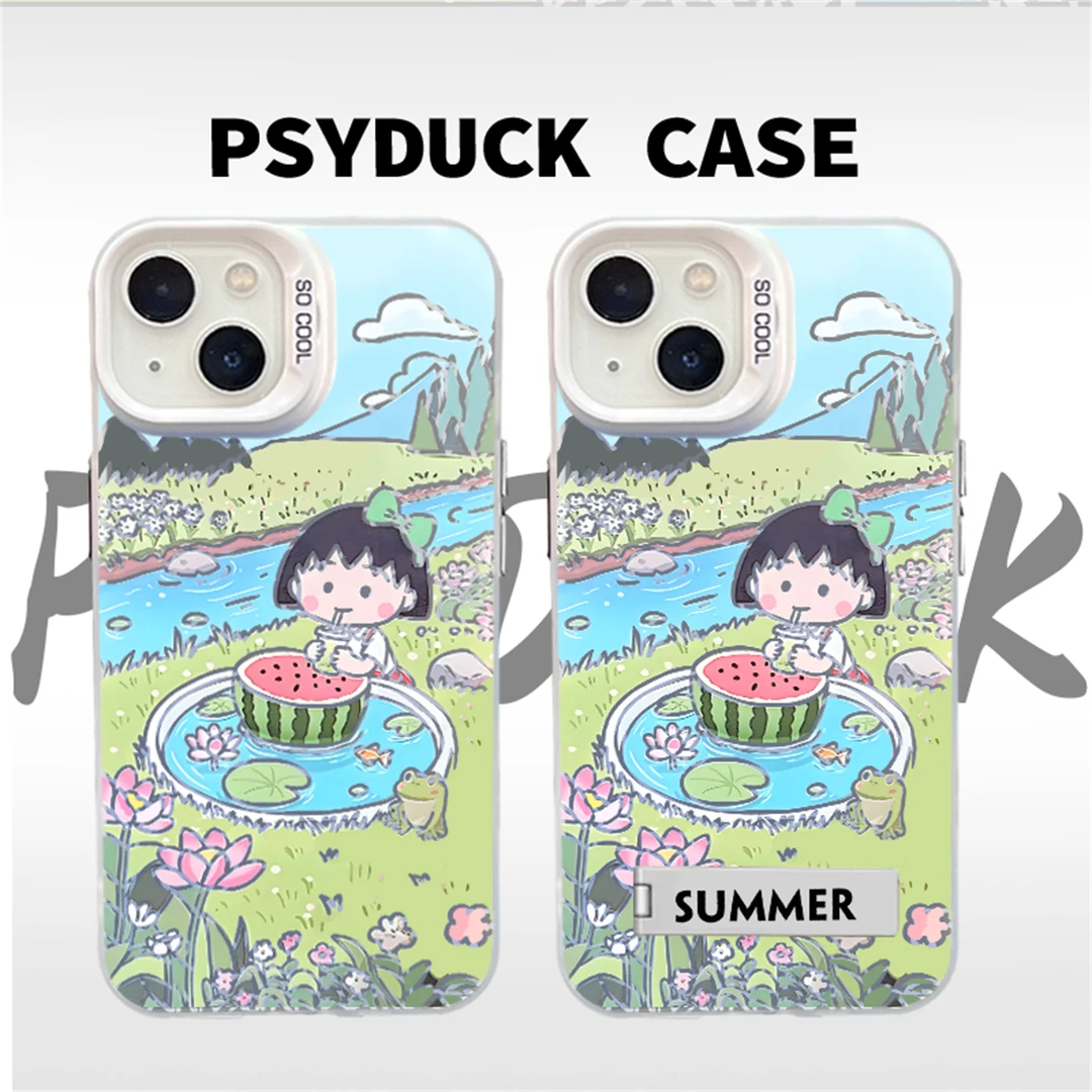 适用苹果华为一加小米镂空喝西瓜汁小丸子彩银卡通动漫防摔手机壳