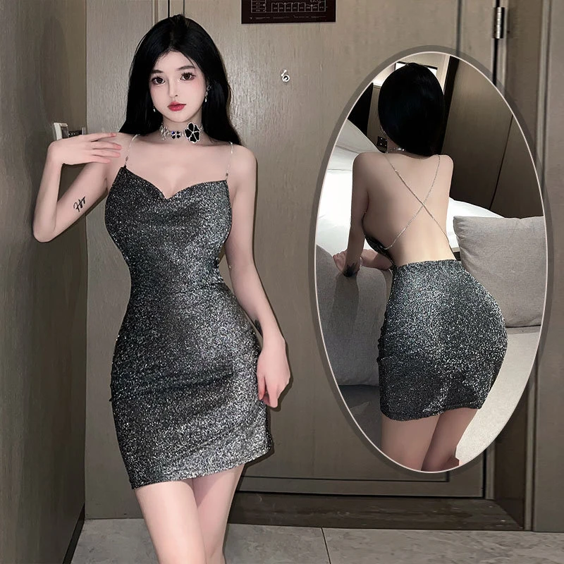 睡裙短款裙子黑色连衣裙露背气质性感夏季修身链条包臀制服套装