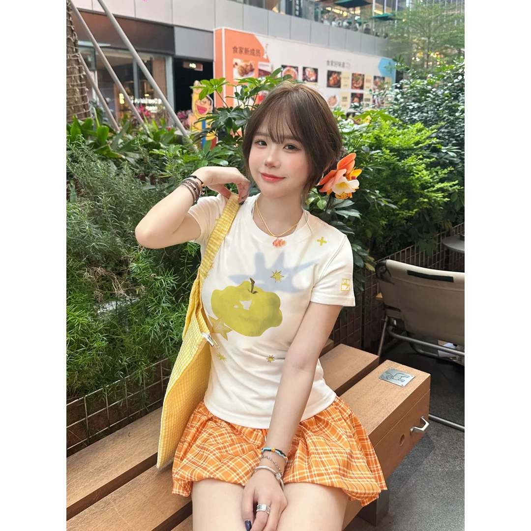 美式复古青苹果印花短袖T恤女夏季新款BM风设计修身正肩上衣