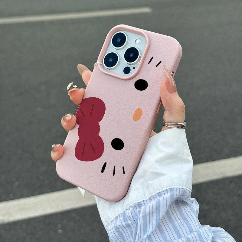蝴蝶结可爱小猫咪日系风适用于iPhone16/15苹果14皮纹软壳13防摔