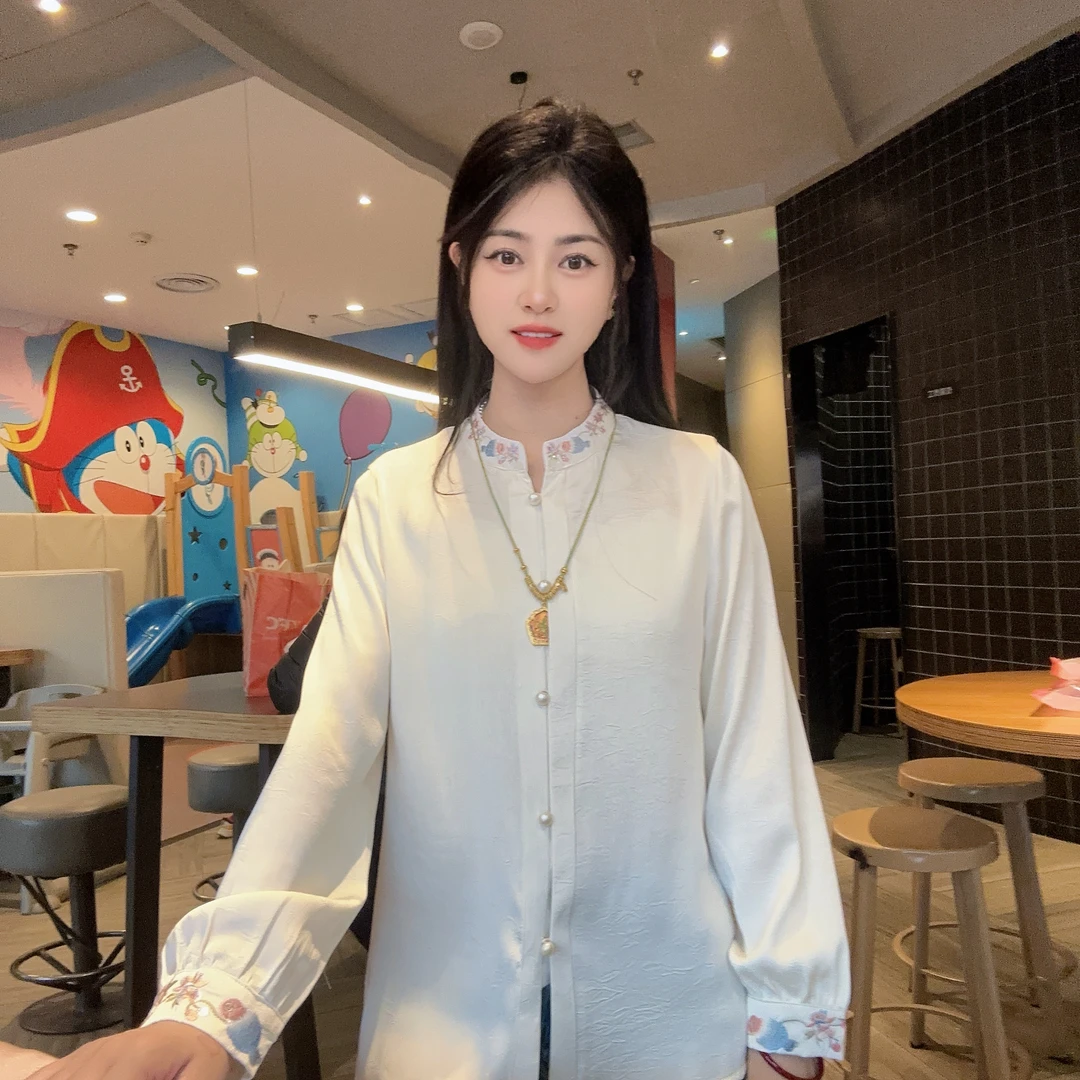 【桃花】新中式气质时尚双绉金片重工领口袖口刺绣手工珍珠扣衬衫