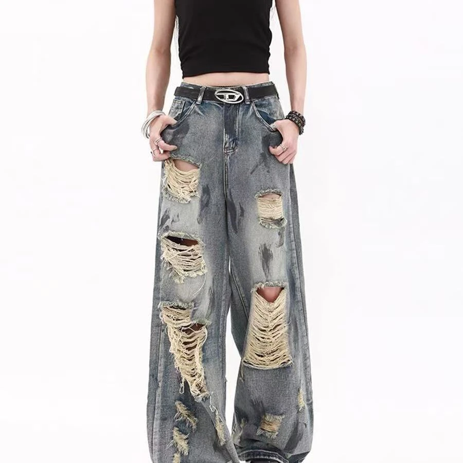 美式复古扎染阔腿破洞牛仔裤女夏季2025新款废土风水洗拖地长裤子